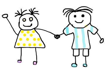Childlike drawing of a girl and boy holding hands, shown in a gallery of images. The art is simple, with basic shapes and smiling faces, depicting friendship.

