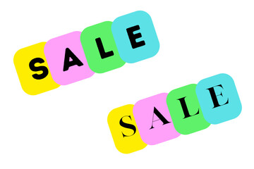 Colorful "SALE" blocks are arranged in two rows on a white background. 