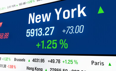 Rising stock market in New York, United States. US share prices moving up. Porfit, postive return, bull market, growth, trading, business. 3D illustration