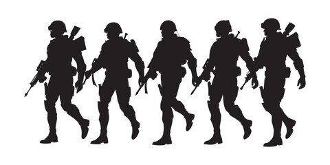 Silhouette of a soldier walking with rifle in hand. Ideal for military-themed designs, patriotic artwork, and army apparel.