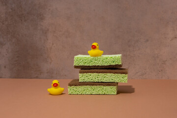 Bath and hygiene cellulose sponge with bath yellow duck toy