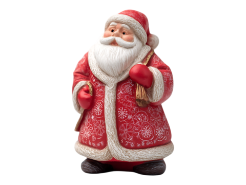A figurine of santa claus in a red coat with a white beard and a bag of presents on a white or transparent background