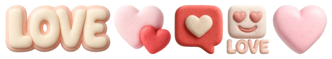 Fototapeta premium PNG Clay hearts and love icons, element set on transparent background
