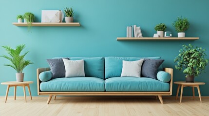 Fototapeta premium Modern Living Room with Turquoise Sofa and Green Plants Interior Design