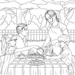 Vector illustration, family tea party in a summer garden