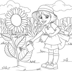 Vector illustration, cute girl watering a sunflower in the garden
