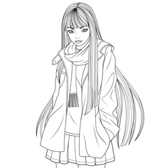 Vector illustration, beautiful girl in fashionable clothes, coloring book.