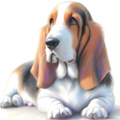 흰 배경, 바셋 하운드, 파스텔화, jpeg (white background, Basset Hound, pastel painting, jpeg)	