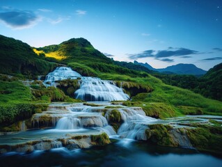 Fototapeta premium Nature exploration with cascading waterfalls flowing over moss-covered rocks under a starry twilight sky in a lush green mountainous landscape