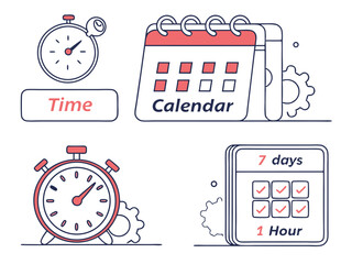 Fototapeta premium Minimalist Time and Calendar Line Icons – Scheduling and Productivity Symbols with Blue Highlights