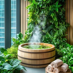 Relaxing spa setting with cedar scented steam rising from a wooden herbal soak surrounded by lush green tropical plants