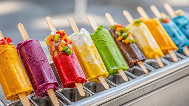 Street food vibrant colorful paletas melting in the heat served on a sunny sidewalk with fresh fruit toppings and creamy textures