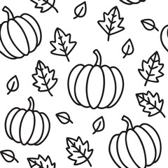 Minimalist Black and White Pumpkin and Fall Leaves Seamless Pattern