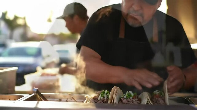 Authentic Food Vendor Preparing Street Tacos at Food Truck Gourmet Cuisine Lifestyle