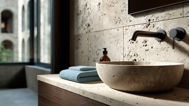Vasque travertin salle de bain moderne avec robinetterie noire