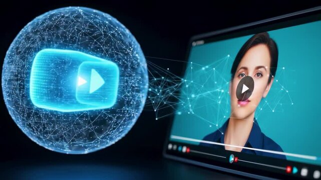 Futuristic interface shows AI technology analyzing a video of a woman's face, symbolizing the detection of deepfakes using networked data and play icons.