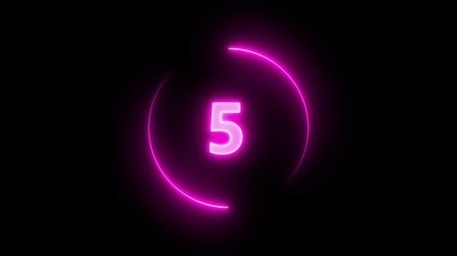Neon bright glowing countdown timer from 10 to 0 seconds top ten countdown, neon light numbers from 10 to 1, laser ray appears on black background and fly forward,