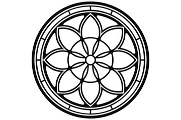 Monochrome Geometric Rose Window Design: Symmetrical Floral Motif in Circular Frame, Isolated on White Background.                                    
