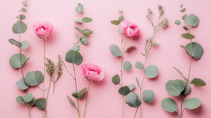 Charming layout of pastel flowers and green foliage