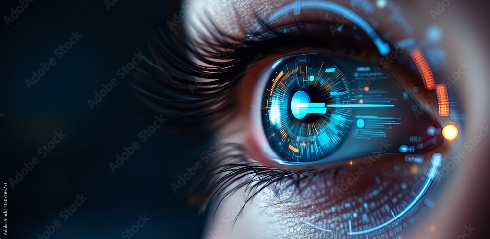 Poster A human eye with futuristic, digital interfaces and blue technology elements, symbolizing advanced cyber or AI integration.