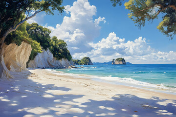 Tranquil beach scene under a vibrant sky.