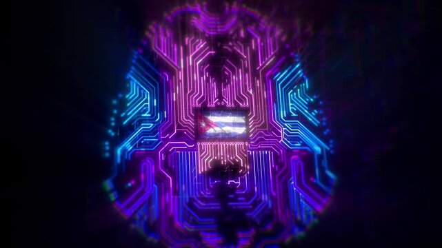 Futuristic AI Neural Engine Brain Chip CPU with Glowing Circuit Lines and Stroke Reveal Animation Powered by Deep Learning Technology and Digital Big Data Flow Made in Cuba