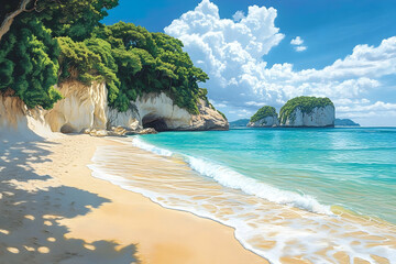 Fototapeta premium Serene tropical beach scene with turquoise water and lush foliage.
