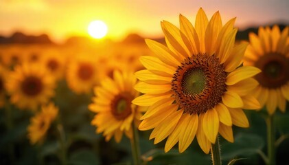 Obraz premium Close-up of a sunflower field at sunset, petals shimmering with golden light, creating a sparkling effect A stunning display of nature's brilliance , dazzling, agriculture