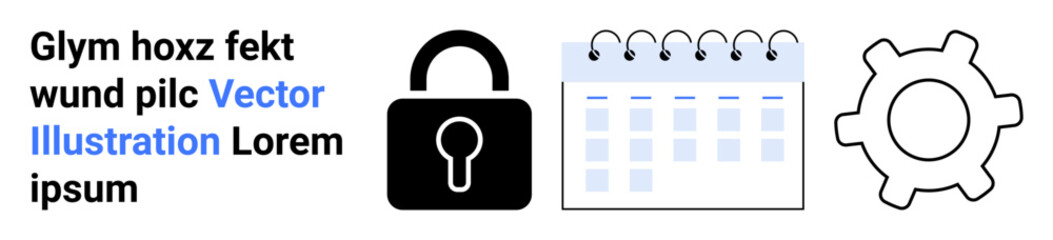 Lock symbolizing security, calendar for scheduling, and gear for configuration. Ideal for data protection, productivity, planning, system management, settings, cybersecurity simple landing page
