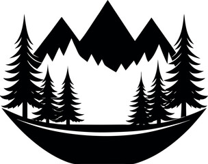 Scenic boat ride on a lake under a starry night sky . silhouette vector.