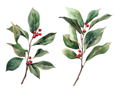 Two sprigs of holly with vibrant red berries - Powered by Adobe