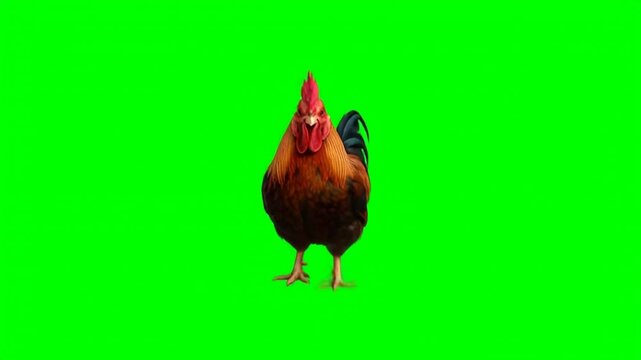 Front view of a rooster walking on green screen background, generative AI