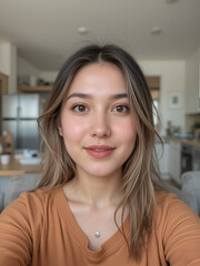 Independent and confident millennial. Head shot portrait profile picture at social media of young casual beautiful woman student freelance worker posing at home looking at camera talking by video call