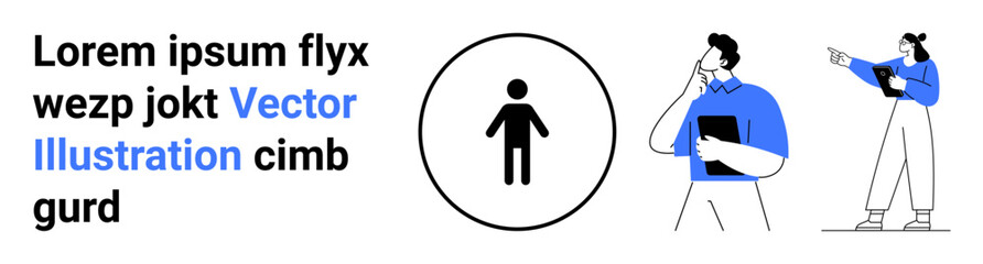 Business professional analyzing central human focus symbol while colleague presents on clipboard. Ideal for communication, teamwork, creativity, decision-making, collaboration, leadership, simple