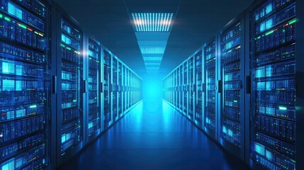 Fototapeta premium Brightly lit high-tech data center corridor with reflective floor and rows of glowing blue server racks showcasing advanced cloud computing and digital network infrastructure