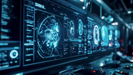 Futuristic control room with multiple screens analyzing biometric and image and video data, showcasing a high-tech AI system detecting deepfake manipulations. - Powered by Adobe