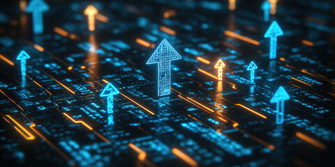 Black background with upward arrow and concept illustration of development and growth trend