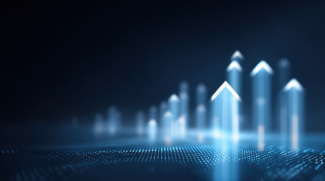 Black background with upward arrow and concept illustration of development and growth trend