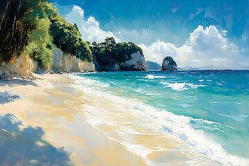 Tranquil beach scene under a vibrant sky.
