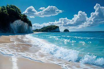 Tropical beach scene with turquoise water and dramatic cliffs.