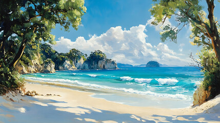 Scenic coastal view of a tranquil beach.