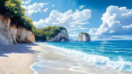 Picturesque beach scene with dramatic cliffs and azure water.