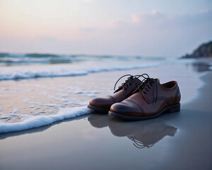 Obraz premium Shoes left at the edge of a shoreline