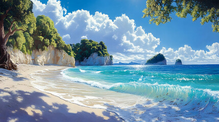 Picturesque beach scene with azure water and lush vegetation.