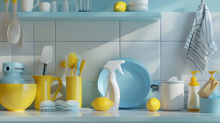 A clean 3D illustration of  everyday household and  kitchen cleaning essentials