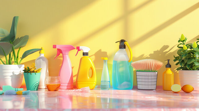 A clean 3D illustration of  everyday household and  kitchen cleaning essentials