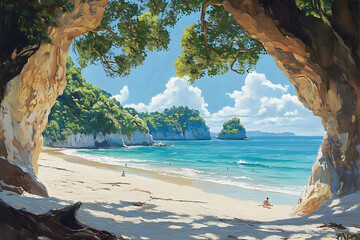Tranquil beach scene under a canopy of trees.
