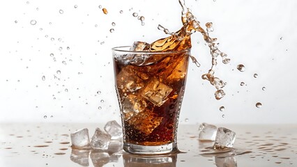 Refreshing Cola Drink with Ice Cubes and Splash on a White Background Perfect for Summer Thirst Quenching and Beverage Advertising