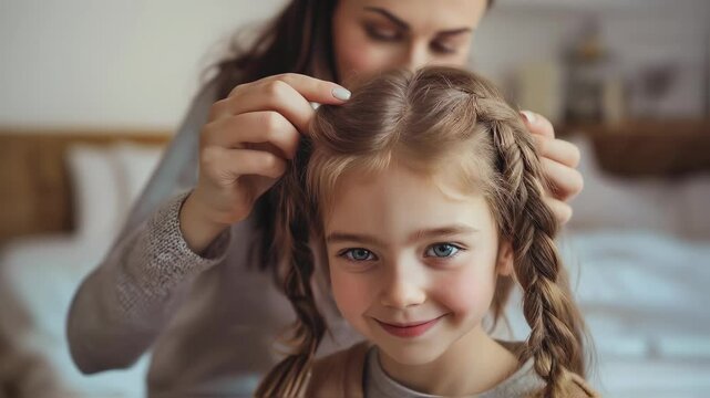 Mom Styling Daughter's Hair at Home