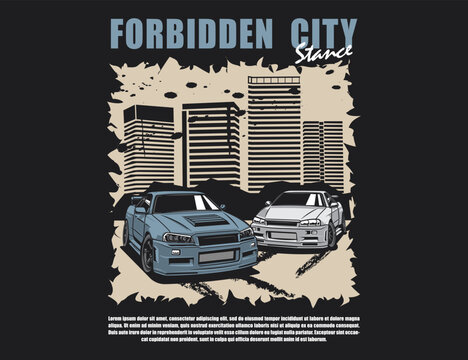 cool double 90s car vector image with city grunge background graphic design